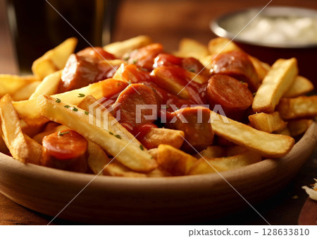 Plate with sausage and chips currywurst with sauce on wooden table.Macro.AI Generative 128633810