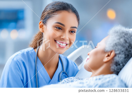 Smiling healthcare professional caring for elderly patient in hospital room with warm atmosphere 128633831
