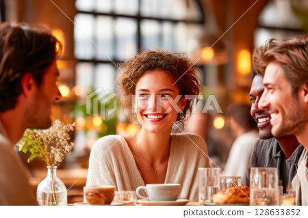 Group of friends enjoying coffee together in a cozy cafe with warm ambiance and laughter 128633852