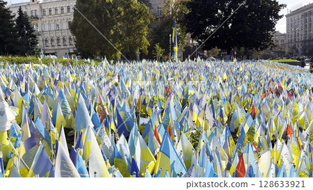 Many small blue-yellow flags with names of the dead war against russia. Memorial of the fallen soldiers, children, women in the capital of Ukraine. Concept of tragedy and misfortune. Close up 128633921