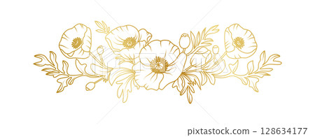 Golden poppy flowers line art isolated on white background. Luxury poppy floral design elements for invitation, wedding, wallpaper, print template, vector illustration 128634177