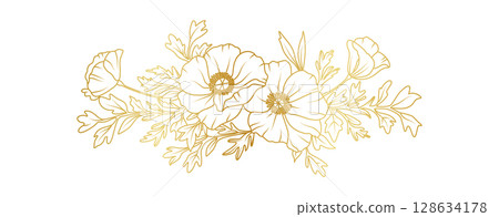 Golden poppy flowers line art isolated on white background. Luxury poppy floral design elements for invitation, wedding, wallpaper, print template, vector illustration 128634178