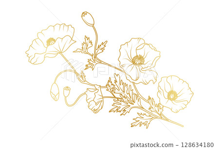 Golden poppy flowers line art isolated on white background. Luxury poppy floral design elements for invitation, wedding, wallpaper, print template, vector illustration 128634180