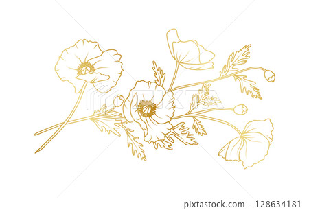 Golden poppy flowers line art isolated on white background. Luxury poppy floral design elements for invitation, wedding, wallpaper, print template, vector illustration 128634181