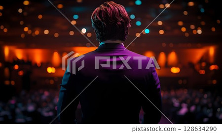 Person at illuminated bar back view warm lighting blurred background 128634290