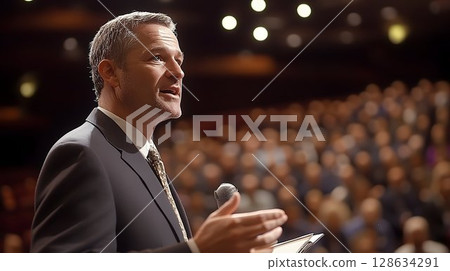Man in suit standing in blurred crowd warm lighting 128634291