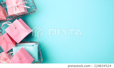 Pastel gift boxes on light blue background soft color simple composition Pastel gift boxes on light blue background soft color simple composition 128634524