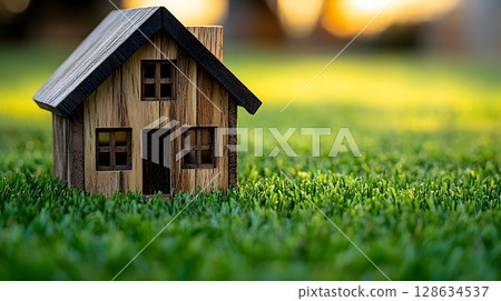 Miniature house in green grass idyllic home concept 128634537