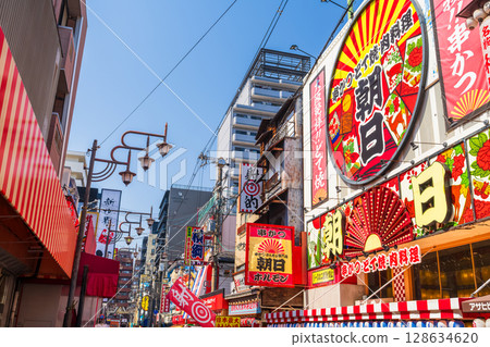 Osaka Prefecture: The streets of Shinsekai overlooking Tsutenkaku 128634620