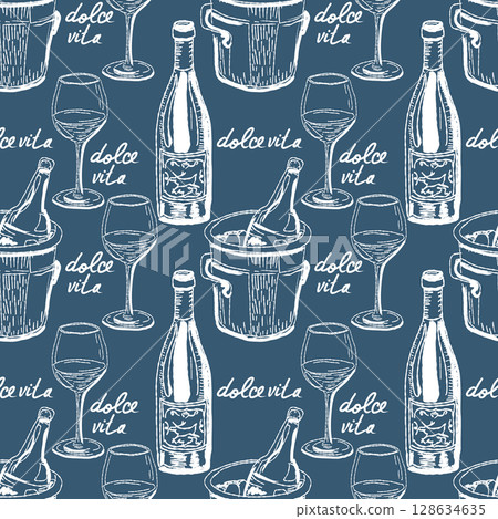 Hand drawn vector seamless pattern trendy italian style dolce vita for invitations, menus design 128634635