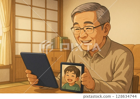 日本老人與孫子視訊通話 128634744