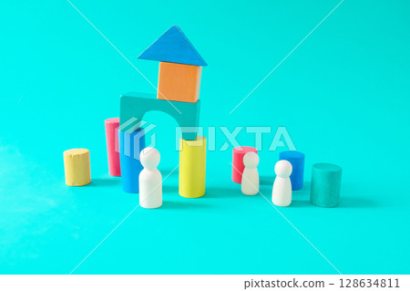 Wooden figure standing ,Colorful toy house wood brick for kids. Wooden figure standing ,Colorful toy house wood brick for kids. 128634811