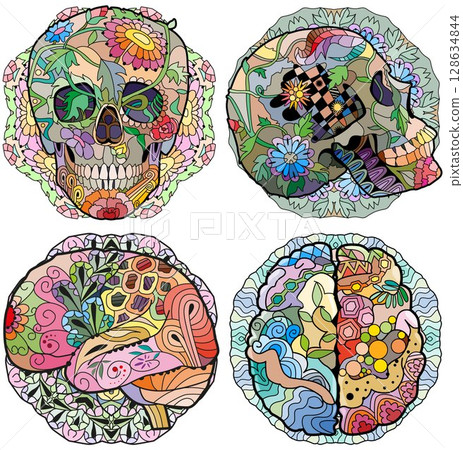 Zentangle stylized brain and skulls. Hand drawn decorative vector illustration 128634844