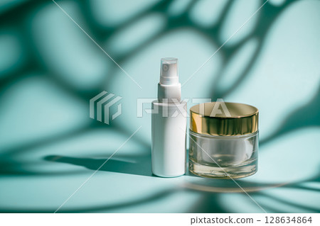 Glass face serum and rich cream jar on blue Glass face serum and rich cream jar on blue 128634864