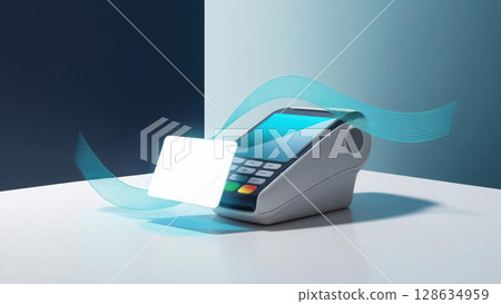 sleek visualization of contactless payment systems featuring glowing payment card near futuristic terminal emitting light 128634959