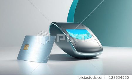 sleek visualization of contactless payment systems featuring glowing card and futuristic terminal emitting soft light waves 128634960