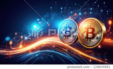Dynamic illustration of digital currency icons with glowing effects, representing peer to peer payments and modern finance 128634981