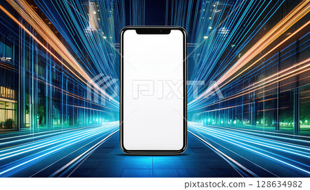 Futuristic mobile payment technology with blank screen in vibrant cityscape 128634982