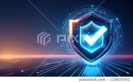 modern visualization of remote payment verification featuring glowing shield and checkmark, symbolizing security and trust 128635001