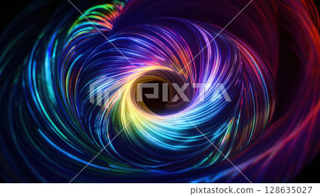 Glowing iridescent threads form vibrant vortex, creating mesmerizing abstract design 128635027