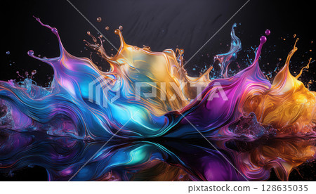 Bold splash of liquid in vibrant colors against textured black backdrop 128635035