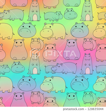 Colorful seamless pattern featuring cute hippos in various shapes on rainbow gradient background, creating playful and cheerful design. Perfect for children decor and playful themes 128635044
