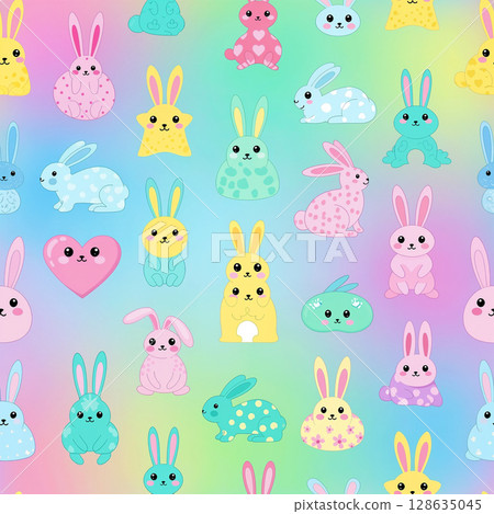 Colorful cute rabbits in various shapes create seamless pattern on pastel rainbow background, evoking playful and cheerful atmosphere 128635045