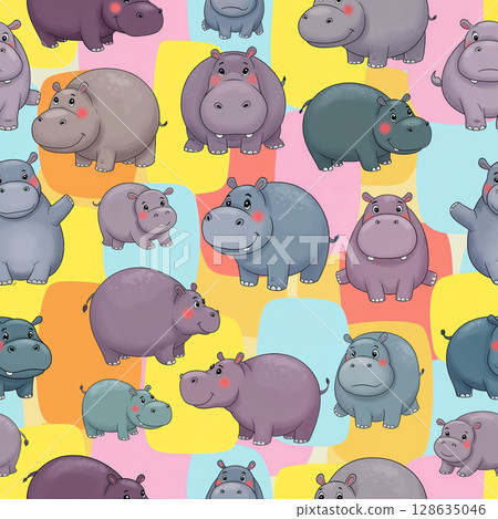 Cute hippos in various shapes and colors create seamless pattern on vibrant background, evoking playful and cheerful atmosphere 128635046