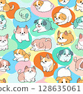 Cute cartoon puppies in various playful poses create seamless pattern on colorful background, evoking joy and warmth. round, fluffy shapes add whimsical touch 128635061