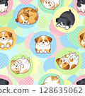 Cute seamless pattern featuring round, chubby puppies in various poses on colorful polka dot backgrounds, creating playful and cheerful design 128635062