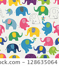 Colorful elephants in various shapes and patterns create playful seamless pattern on white background. design features vibrant hues and intricate details, evoking cheerful and whimsical atmosphere 128635064