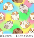 Cute round puppies in various playful poses on colorful seamless pattern background, creating joyful and whimsical design 128635065