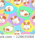 Cute cartoon puppies in various poses on colorful seamless pattern, featuring round and chubby designs. playful and adorable expressions add cheerful vibe to image 128635066