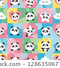Cute pandas in various shapes like hearts and stars create seamless pattern on colorful backgrounds, evoking playful and cheerful vibe 128635067