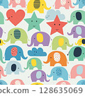 Colorful elephants and playful shapes create seamless pattern with hearts, stars, and clouds, evoking cheerful and whimsical atmosphere 128635069