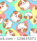 Cute round puppies with brown patches and blushing cheeks are arranged in seamless pattern on colorful abstract background. playful design evokes joy and warmth 128635071