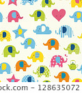 Colorful elephants in various shapes and patterns create seamless, playful design. pattern includes stars, hearts, and clouds, adding whimsical touch to cheerful scene 128635072