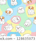 Adorable round puppies in various playful poses create seamless pattern on colorful pastel background, evoking sense of joy and cuteness 128635073