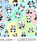 Cute pandas in various shapes create seamless pattern on colorful pastel background, evoking playful and cheerful mood 128635074