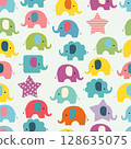 Colorful elephants and stars in various shapes create playful seamless pattern, perfect for children designs. vibrant colors and cute motifs add cheerful touch 128635075