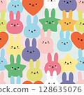 Colorful cute rabbit and star shapes create seamless pattern with playful and cheerful vibe. design features various pastel colors, including pink, blue, green, and yellow, adding whimsical touch 128635076