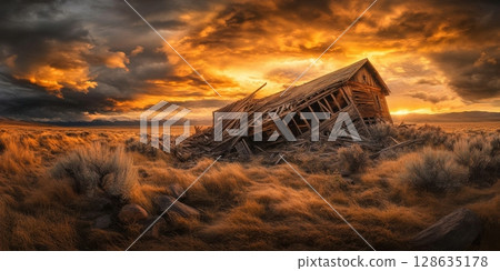 Dramatic Sunset Over Abandoned Rustic Wooden House in Field sky red old art ruin wild west view 128635178