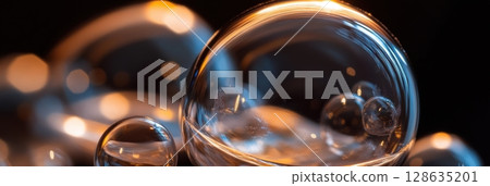 Abstract Glass Spheres Orange Blue Light Reflections Background Art Dark Glow Macro Shiny Image 128635201