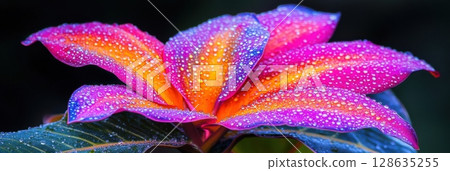 Vibrant Dew Drops on Tropical Flower Petals Stunning Colorful Bloom Nature Photography wet pink leaf 128635255