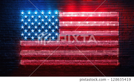 glowing neon style USA flag pattern on dark textured wall, ideal for bold and creative designs 128635419