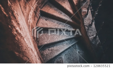 Ancient Stone Spiral Staircase Architecture Detail Old Building up dark grey down path wall iron 128635521