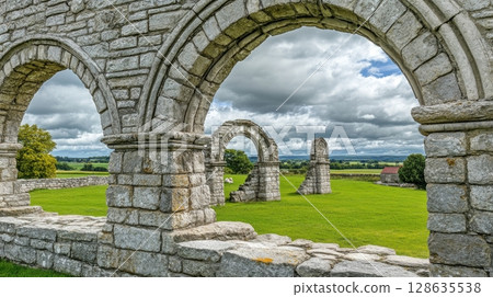 Ancient Stone Arches Rustic Ruins Scenic Landscape View Tranquil Green Field Summer Day Historic 128635538