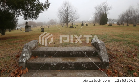 Stone Steps Leading to Foggy Autumn Cemetery Graveyard Scene old way sky day grey life mood view 128635561