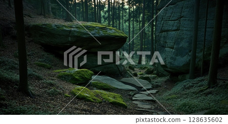 Enchanted Forest Path Mossy Rocks Green Nature Scene Tranquil Woodland Mysterious Deep Woods 128635602