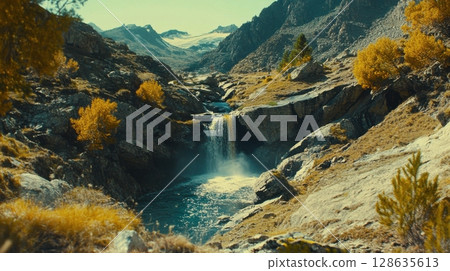 Scenic Mountain Waterfall Autumn Landscape Nature Photography Rocks sky blue view wild trees green 128635613